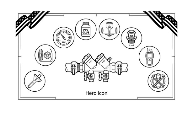 Backflow Preventer Pipe Assembly Line Art Icon Set Vector Black White Graphic