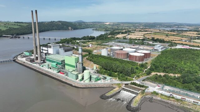 Industrial energy facility viewed from above along the River Suir, County Wexford, highlighting electricity generation and regional infrastructure.