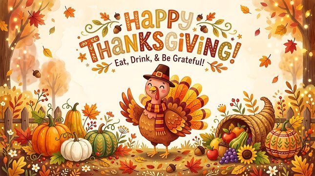 Festive thanksgiving backdrop with turkey and autumn harvest elements