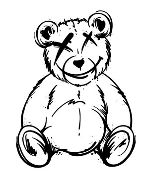 Playful teddy bear character with expressive X eyes, thick outlines and sketchy details
