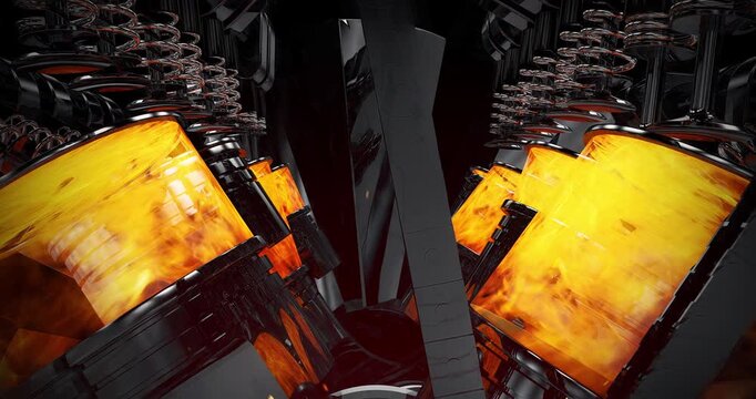 Internal combustion V8 engine pistons working with fire and flames inside. Detailed 3D render of active V8 engine animation.