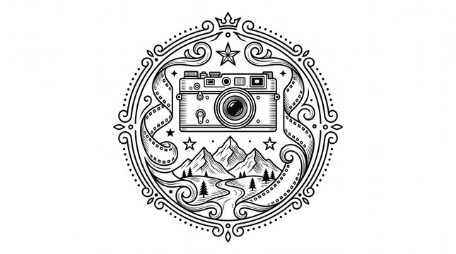 Vintage camera line art emblem, retro photography badge with mountains and film strip, ornate circular travel logo