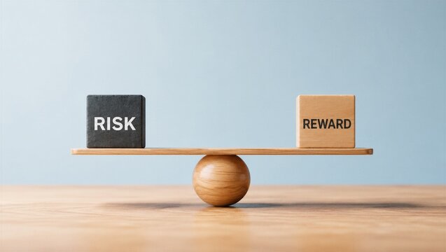 Risk reward balance business concept with dark block and wooden cube on seesaw fulcrum representing financial strategy
