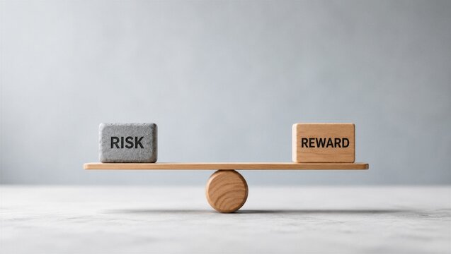 Risk and reward balance concept with stone block and wooden cube on seesaw scale symbolizing financial decision making