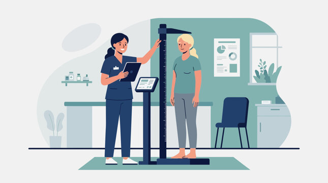 Nurse measuring woman's height on stadiometer in medical office