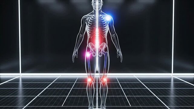 Futuristic 3D Transparent Human Skeleton Model Highlighting Joints with Glowing Points in a Dark Medical Technology Environment