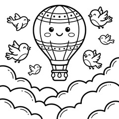 Decorative hot air balloon with a smiling face floating among fluffy clouds and small flying birds, black and white line
