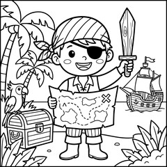Coloring page of a happy pirate boy holding a wooden sword and a treasure map, standing on a beach with a ship and parrot