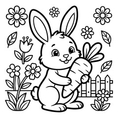 Cute bunny rabbit holding a large carrot in a garden with flowers and a wooden fence, black and white line for coloring, white background