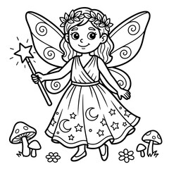 Fototapeta premium Coloring page for kids featuring a cute fairy with wings wearing a floral crown and a star patterned dress standing near forest mushrooms