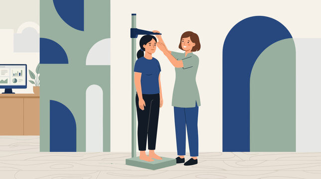 Doctor measuring height of young woman on stadiometer in clinic, health check