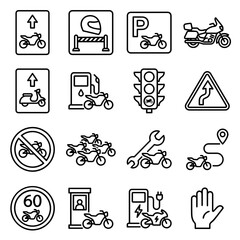 Fototapeta premium Sixteen black and white line representing motorcycle traffic rules, parking, refueling, and safety signage on white background
