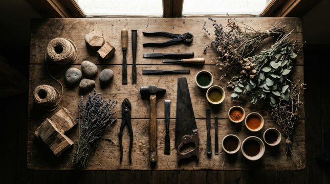 Top View of Vintage Carpentry Tools and Dried Lavender Bundles on a Rustic Wooden Artisan Workbench