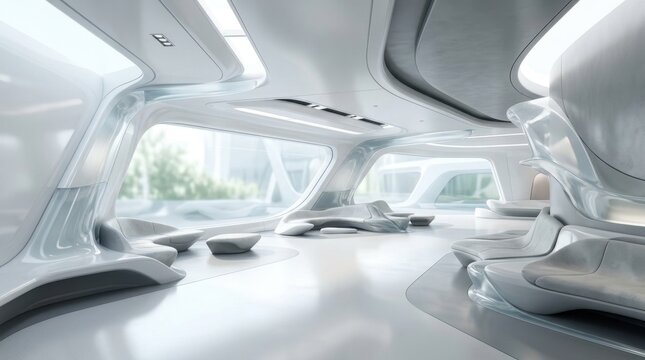 Futuristic White Spaceship Interior Lounge with Sleek Minimalist Design and Large Panoramic Windows