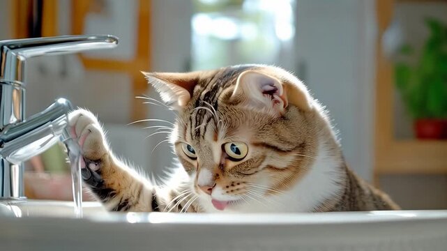 Curious cat plays with running water in sunny kitchen
