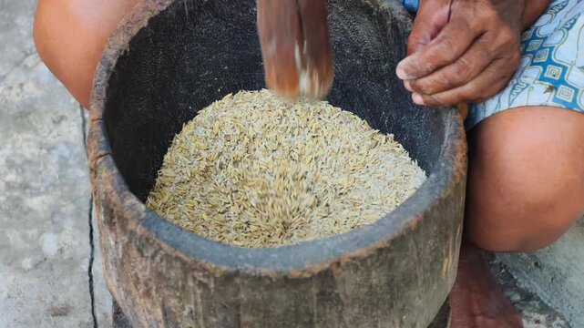 Traditional rice pounding process using wooden mortar (lesung) to separate husk from grain in Indonesia.