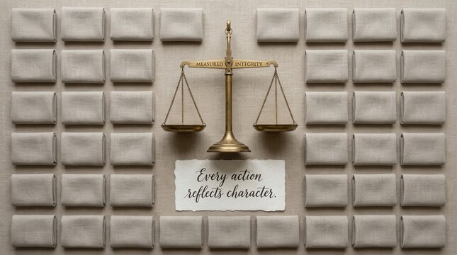 Vintage brass weight scale with measured integrity text on grey fabric grid background including inspirational quote saying every action reflects character symbolising ethics balance law truth honesty