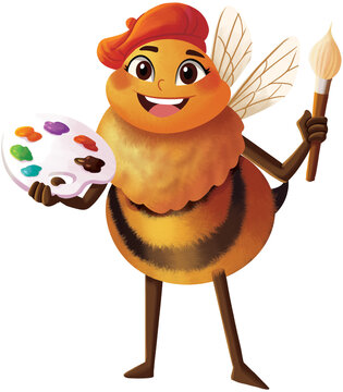 Cute Bee Painter with Color Palette Illustration