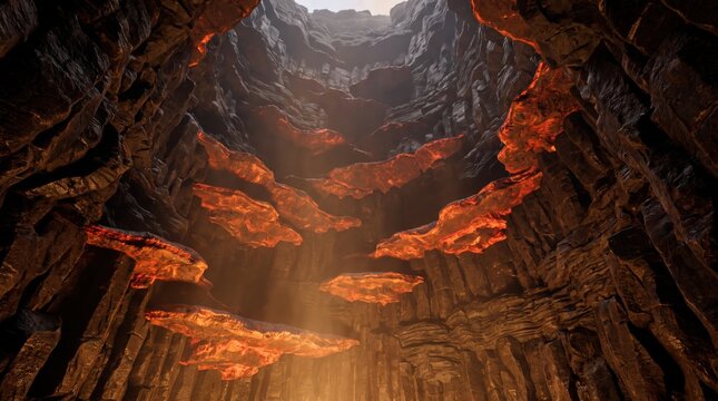 Looking upward through an immense volcanic conduit lined with luminous magma terraces, rugged basalt walls, suspended haze, and a distant skylight illuminating the hostile geothermal interior