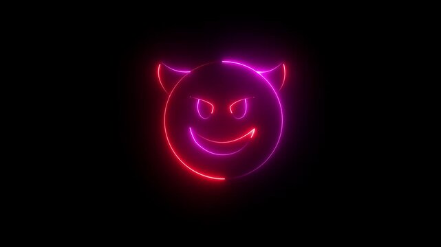 Neon devil icon animation. Glow neon demon emoticon. devil with grin face ,mockery emoticon ,cute demon icon 4k