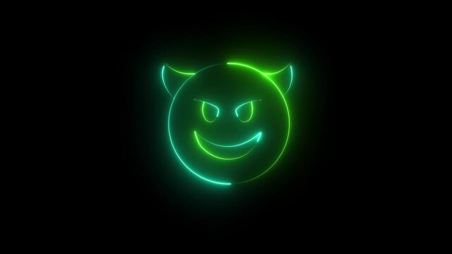 Neon devil icon animation. Glow neon demon emoticon. devil with grin face ,mockery emoticon ,cute demon icon 4k