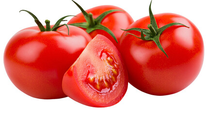 Ripe red tomatoes with one cut in half showing seeds and pulp © Uxia