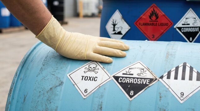 Professional worker hand wearing protective yellow glove touching industrial blue chemical barrel with toxic and corrosive hazard warning signs labels in a warehouse setting storage