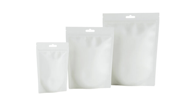 Three blank white resealable pouches in different sizes