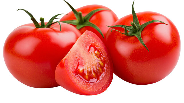 Ripe red tomatoes with one cut in half showing seeds and pulp