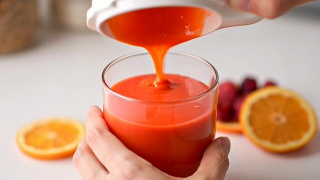 ?Vibrant fruit smoothie being poured into glass with fresh orange and strawberry slices