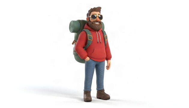 3D rendered cartoon character of a cheerful bearded hiker with sunglasses, red hoodie, and green backpack on white background
