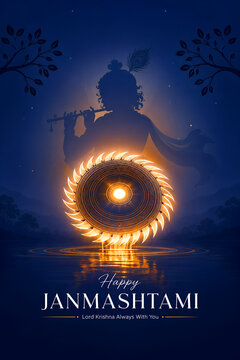 Lord krishna silhouette playing flute with glowing sudarshan chakra for hindu festival of janmashtami celebration background