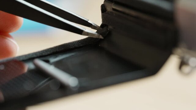 Close-up of tweezers pressing a finished self-adhesive light seal firmly into the film channel of a vintage 35mm camera. A detail of analog camera restoration &ndash; seating the fresh foam for a light-tigh