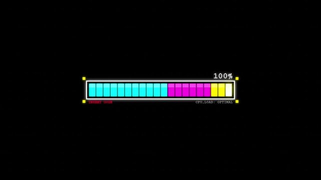 Pixel art digital loading progress bar showing one hundred percent completion in vibrant cyan and magenta colors