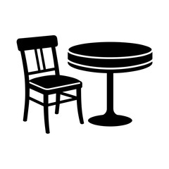 Fototapeta premium Black and white of a wooden chair with a slatted back next to a round dining table, isolated on a white background, furniture