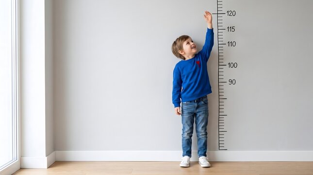 Young boy measuring height growth on wall chart with excitement and joy