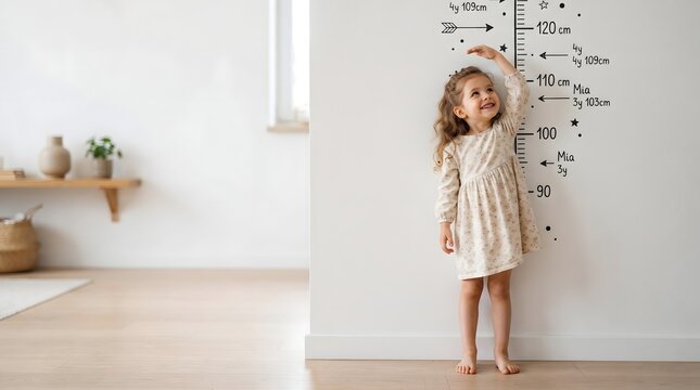 Young girl measuring height on growth chart wall with confetti celebration at home