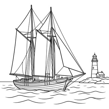 A classic two-masted sailing ship navigating calm ocean waves near a rocky island with a tall lighthouse, black and white line