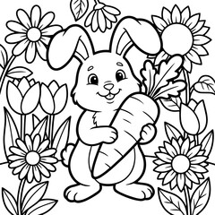 Adorable bunny rabbit holding a carrot surrounded by large flowers, black and white line for coloring book, white background