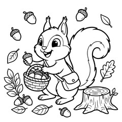 Naklejka premium A cute squirrel holding an acorn and a basket full of nuts in a forest setting with leaves and a tree stump, coloring page for children