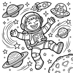 A happy astronaut floating in space with planets, a rocket, and an alien spaceship, black and white coloring page for kids to color in