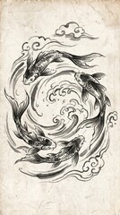 Fototapeta premium Prosperity Fish Background, Festive Koi New Year, Golden Koi Holiday Art, Monochrome Ink Illustration of Fish in Swirling Water