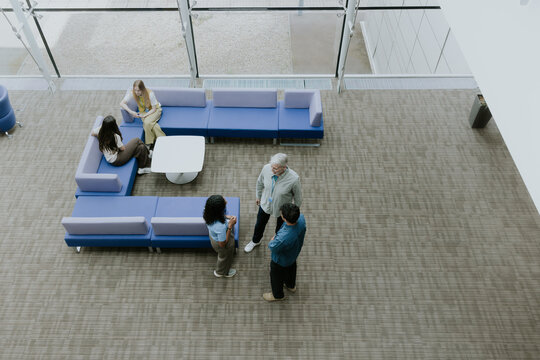 Aerial view of Colleagues Collaborating in Bright Office Space