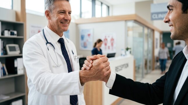 Mature professional doctor in white lab coat shaking hands with businessman client inside a modern clinic lobby, representing healthcare partnership trust medical agreement and successful service plan