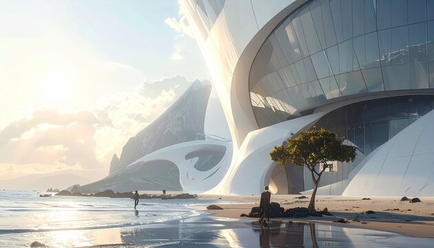Futuristic White Architecture Breathtaking Oceanfront at Sunset