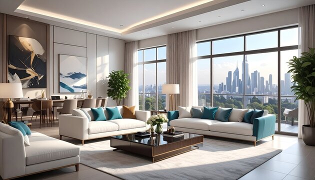 Elegant Modern Living Room with City View and Teal Accents