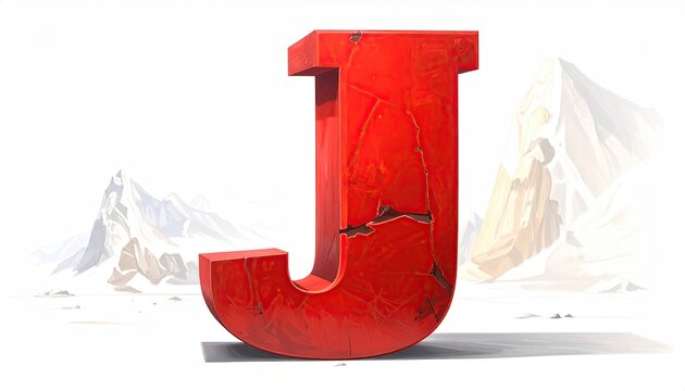 Cracked Red Letter J in Mountain Landscape