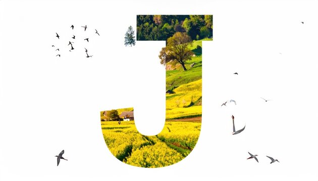 Golden Field Landscape Inside Letter J with Birds Flying
