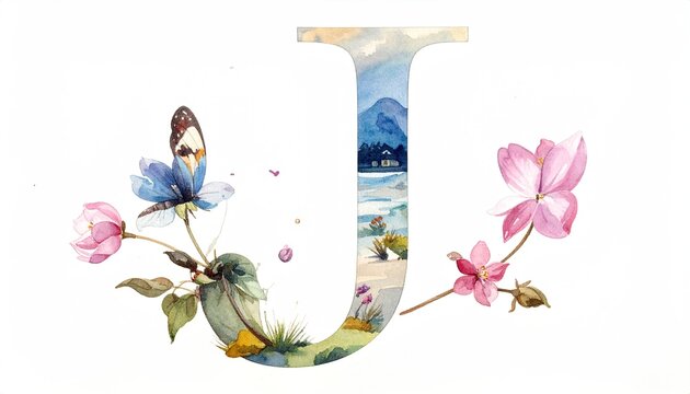 Elegant Letter U with Floral Watercolor Border