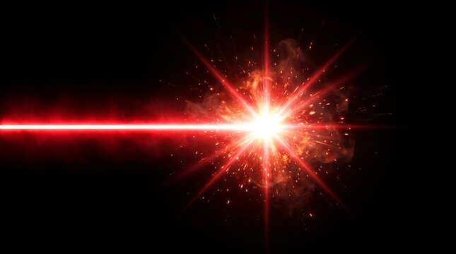 Powerful red laser beam creating a bright energy burst and explosive sparks against a dark black background